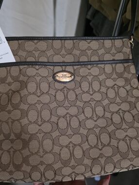 Coach Brown Signature Canvas Shoulder Bag with Dark Trim